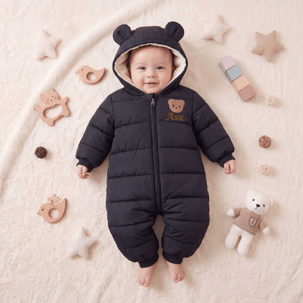 Personalised Cute Bear Name Design Baby Jumpsuit with Name  Winter Use Baby Shower Birthday Gift for Newborn 3-18 Month Baby