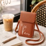 Henkilökohtainen Line Art Style Birth Flower PU Nahka Crossbody laukku nimi ja kosketusnäytön ikkuna Travel Päivittäinen käyttö Syntymäpäivä lahja naisille