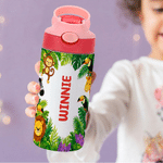 Personalised Cute Jungle Animal 12 oz Water Bottle with Name Straw and Handle Back to School Birthday Gift for Kids