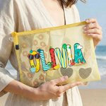 Personalisierte Sommer Thema Doodle Name Transparent Mesh Strandtasche Reisen Wesentliche Geburtstag Geschenk für Frauen Freunde