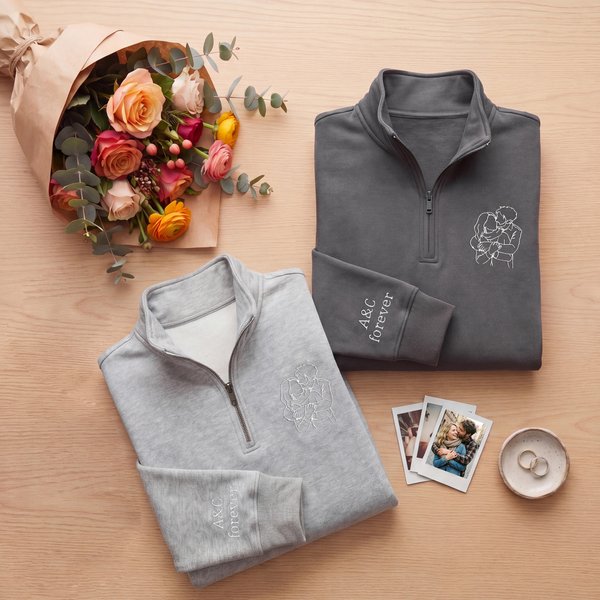 Personalised Couple Photo Embroidered T-shirt Quarter Zip Sweatshirt Hoodie with Text Birthday Wedding Anniversary Gift for Couple