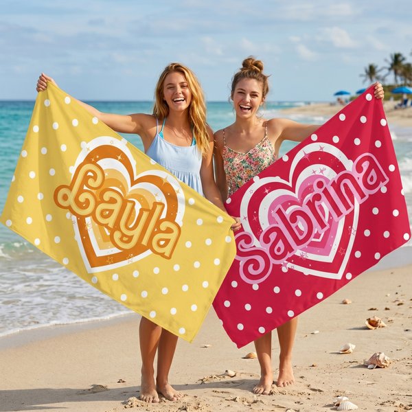 Personalised Multicolour Polka Dots Heart Quick Dry Oversized Beach Towel with Name Travel Essentials Birthday Summer Holiday Party Gift for Friends