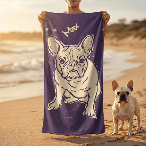 Personalizzato Doodle Art Pet Portrait Asciugamano da spiaggia sovradimensionato e morbido ad asciugatura rapida con nome Compleanno Regalo di viaggio estivo per i proprietari di animali domestici