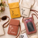 Henkilökohtainen Line Art Style Birth Flower PU Nahka Crossbody laukku nimi ja kosketusnäytön ikkuna Travel Päivittäinen käyttö Syntymäpäivä lahja naisille
