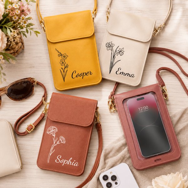 Henkilökohtainen Line Art Style Birth Flower PU Nahka Crossbody laukku nimi ja kosketusnäytön ikkuna Travel Päivittäinen käyttö Syntymäpäivä lahja naisille