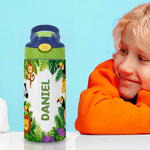 Personalised Cute Jungle Animal 12 oz Water Bottle with Name Straw and Handle Back to School Birthday Gift for Kids