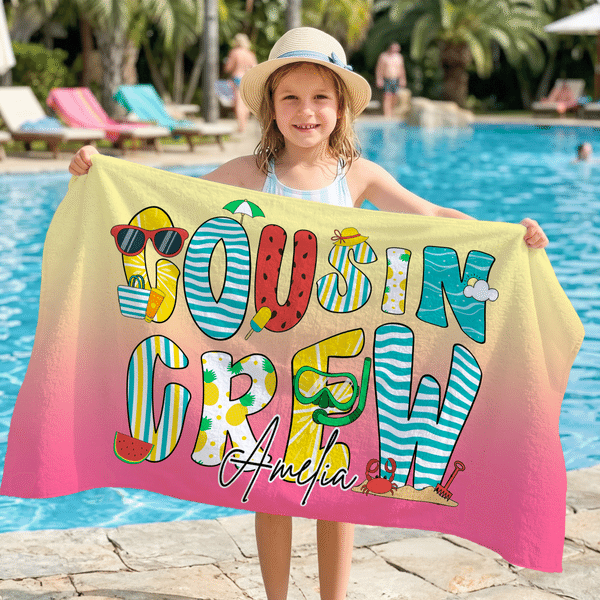 Gepersonaliseerde Neef Crew Naam Fantasie Gradient-Color Sneldrogend Microfiber Strandlaken Zomervakantie Verjaardagscadeau voor kinderen Familie Vrienden