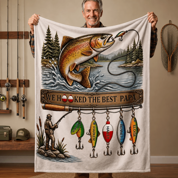 Personalised We Hooked The Best Papa Soft Throw Blanket with Name Home Decor Father's Day Birthday Gift for Dad Grandpa Fishing Lover