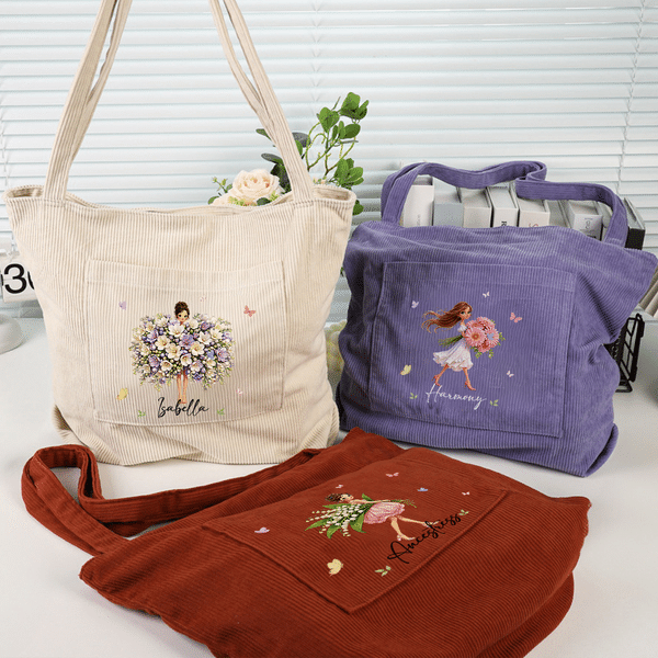Personalizzato Cartoon nascita Flower Girl Grande Tote Bag in velluto a coste con nome Compleanno Damigella d'onore Proposta regalo per le donne Ragazze