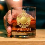 Personalised Gold Badge Wings Crown Initial 10 oz Rock Whiskey Glass with Name Father's Day Birthday Gift for Father Whiskey Lover