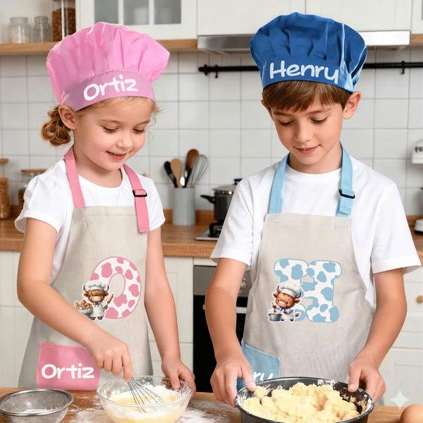 Personalised Highland Cow Initial Kid Apron Chef Hat Storage Bag Set with Front Pocket and Name Cooking Baking Children's Day Birthday Gift for Kids