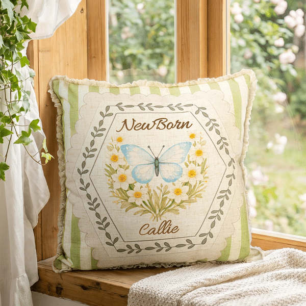 Personalized Stripes Birth Flower Butterfly Soft Throw Pillow Home Decor Birthday Gift for Woman Mother