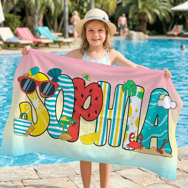 Toalla de playa y bolsa absorbente personalizadas con letra de garabato de colores y nombre de uso diario Regalo de fiesta en la playa para mujer Niña