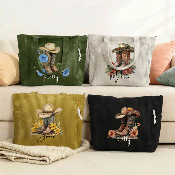Personalized Cowboy Birth Flower Boots Large Capacity Corduroy Tote Bag with Name Multi-Compartment Travel Essential Birthday Gift for Women