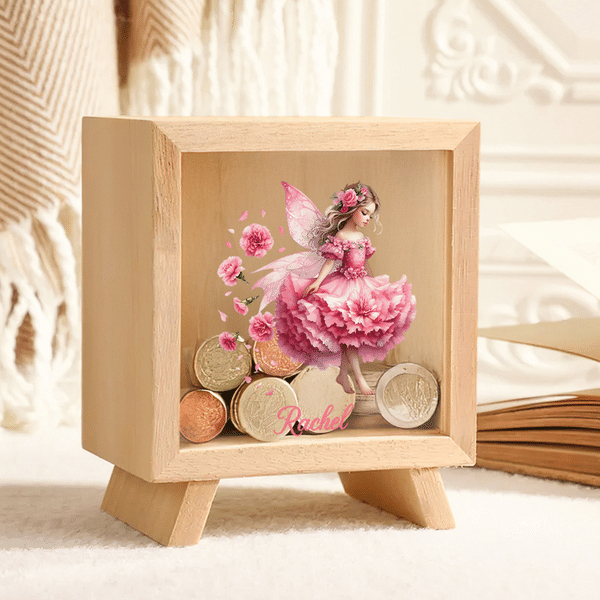 Personalised Birth Flower Fairy Pattern Wooden Money Box Piggy Bank with Name Room Decor Children's Day Birthday Gift for Girls Kids