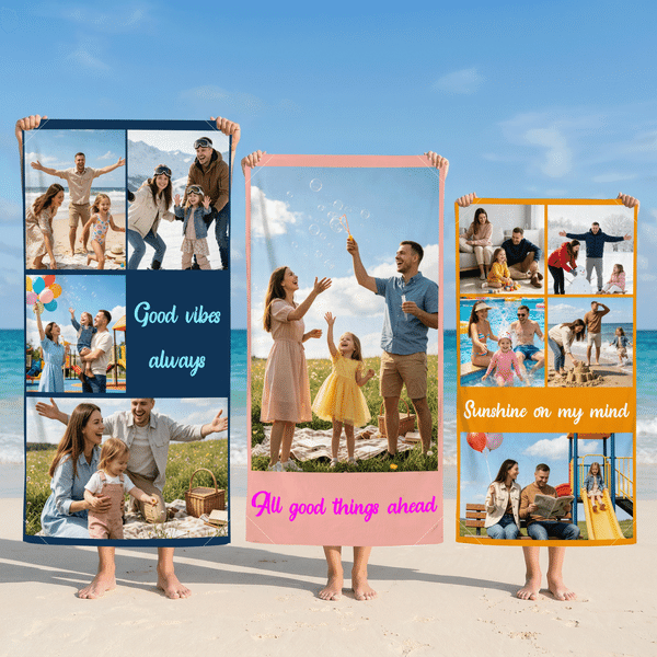 Personalized Photo Collage Oversized Quick Dry Magnetic Beach Towel with Text Summer Vacation Accessory Birthday Gift for Friend Family