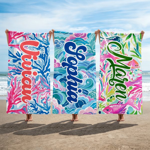 Personalised Colourful Floral Soft Quick Dry Oversized Beach Towel with Name Beach Party Summer Travel Gift for Woman Girl