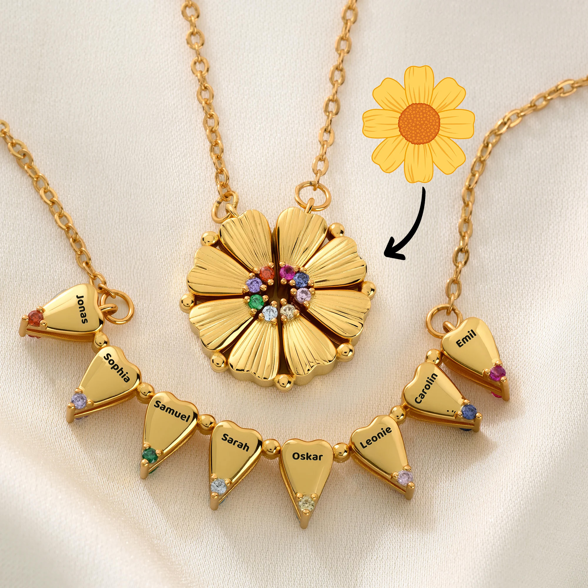 Personalisierte Gänseblümchen Halskette | mit Namen und Geburtssteinen | 2-in-1 Familienschmuck | Geburtstag Geschenk für Frauen | Callie × emoji ™