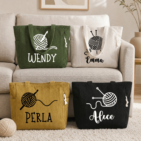 Crochet personnalisé Sac fourre-tout en velours côtelé de grande capacité avec nom Voyage Cadeau d'anniversaire essentiel pour les passionnés de tricot