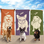 Personalizzato Doodle Art Pet Portrait Asciugamano da spiaggia sovradimensionato e morbido ad asciugatura rapida con nome Compleanno Regalo di viaggio estivo per i proprietari di animali domestici