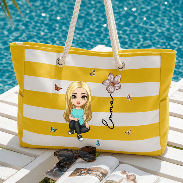 Personalised Cartoon Character Birth Flower Beach Tote Bag with Name Beach Vacation Swimming Pool Party Birthday Gift for Her