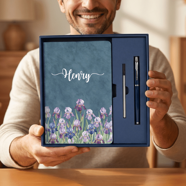 Personalized Multicolor Birth Flower PU Leather A5 Notebook and Pen Set with Name Anniversary Birthday Father's Day Gift for Mother Father