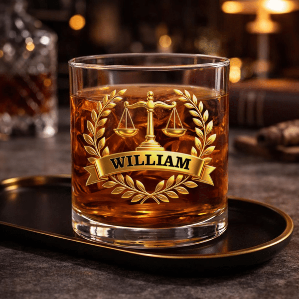 Personalisierte Waage der Gerechtigkeit Balance 10 oz Whiskey Glas mit Namen Geburtstag Graduierung Geschenk für Juristen Jurastudenten