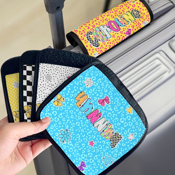 Personalized Retro Graffiti Checkerboard Polka Dots Luggage Handle Wrap with Name Set of 2 Travel Accessories Birthday Gift for Family Friends