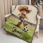 Personalized Cartoon Soccer Cowboy Cowgirl Tassel Soft Throw Blanket with Name Home Decor Birthday Gift for Kids Soccer Cowboy Lovers