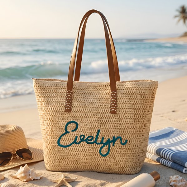 Personalised Large Capacity Crochet Raffia Tote Bag with Name Daily Use Birthday Gift for Woman Best Friend Colleague