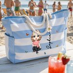 Personalized Cartoon Character Birth Flower Beach Tote Bag with Name Beach Vacation Swimming Pool Party Birthday Gift for Her