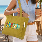 Personalized Summer Beach Doodle Letter Large Capacity Corduroy Tote Bag with Name Daily Use Travel Essential Birthday Gift for Women