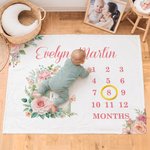 Gepersonaliseerde Bloemen Mijlpaal Maand Zacht Deken met Naam Decoratie Verjaardagscadeau voor Baby Pasgeborene