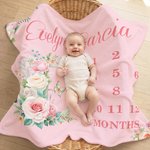 Gepersonaliseerde Bloemen Mijlpaal Maand Zacht Deken met Naam Decoratie Verjaardagscadeau voor Baby Pasgeborene
