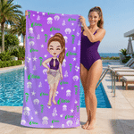 Personalized Colourful Gradient Cartoon Character Oversized Quick Dry Magnetic Beach Towel with Name Summer Vacation Gift for Family