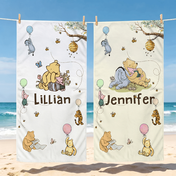 Personalized Classic Winnie the Pooh Quick Dry Microfiber Beach Towel with Name Travel Pool Use Birthday Summer Vacation Gift for Kids Family