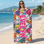 Toalla de playa personalizada de microfibra de secado rápido estilo graffiti y corazón con nombre Esenciales de viaje Fiesta en la playa Regalo de cumpleaños para mujeres Amigos