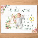Gepersonaliseerde Bloemen Mijlpaal Maand Zacht Deken met Naam Decoratie Verjaardagscadeau voor Baby Pasgeborene