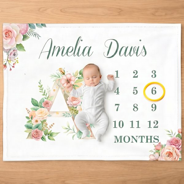 Personalised Floral Initial Milestone Month Soft Throw Blanket with Name Nursery Decor Birthday Gift for Baby Newborn