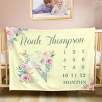 Gepersonaliseerde Bloemen Mijlpaal Maand Zacht Deken met Naam Decoratie Verjaardagscadeau voor Baby Pasgeborene