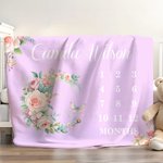 Gepersonaliseerde Bloemen Mijlpaal Maand Zacht Deken met Naam Decoratie Verjaardagscadeau voor Baby Pasgeborene
