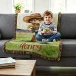 Personalized Cartoon Soccer Cowboy Cowgirl Tassel Soft Throw Blanket with Name Home Decor Birthday Gift for Kids Soccer Cowboy Lovers
