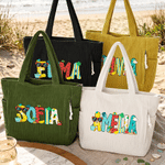 Personalized Summer Beach Doodle Letter Large Capacity Corduroy Tote Bag with Name Daily Use Travel Essential Birthday Gift for Women