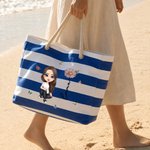 Personalized Cartoon Character Birth Flower Beach Tote Bag with Name Beach Vacation Swimming Pool Party Birthday Gift for Her