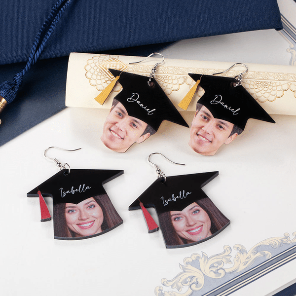 Personalized Funny Graduation Cap HD Clear Face Photo Acrylic Dangle Earrings with Name Graduation Party Gift for Class of 2026 Graduate