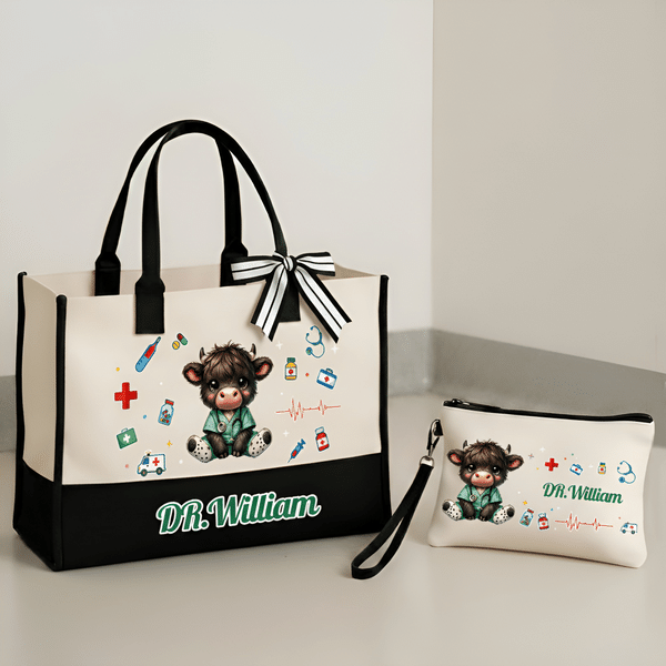 Personalized Cute Highland Cow Durable Makeup Bag Large Tote Bag with Text Nurses Day Birthday Gift for Nurse Doctor Student