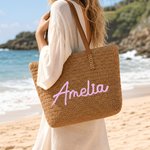 Personalised Large Capacity Crochet Raffia Tote Bag with Name Daily Use Birthday Gift for Woman Best Friend Colleague
