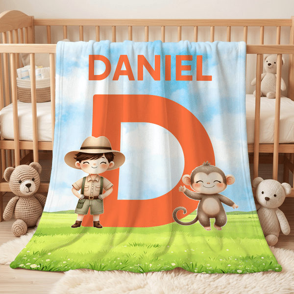 Personlig Cartoon Safari Kid Wild Animal Initial Soft Throw Blanket med navn Rominnredning Bursdag Barnas dag Gave til barn Datter Sønn