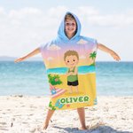 Personalised Cartoon Kid Character Beach Theme Quick Dry Hooded Beach Towel with Name Beach Accessory Summer Vacation Birthday Gift for Boys Girls