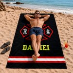 Personalized Firefighting Element Oversized Quick Dry Beach Towel with Name Beach Travel Essentials Father's Day Birthday Gift for Firefighter Dad